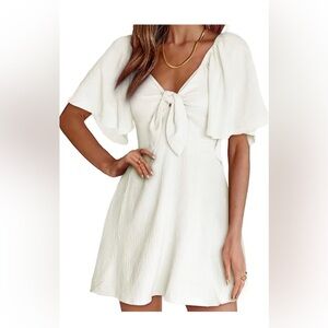 Summer Deep V Neck Elegant Bow tie Mini Dress White